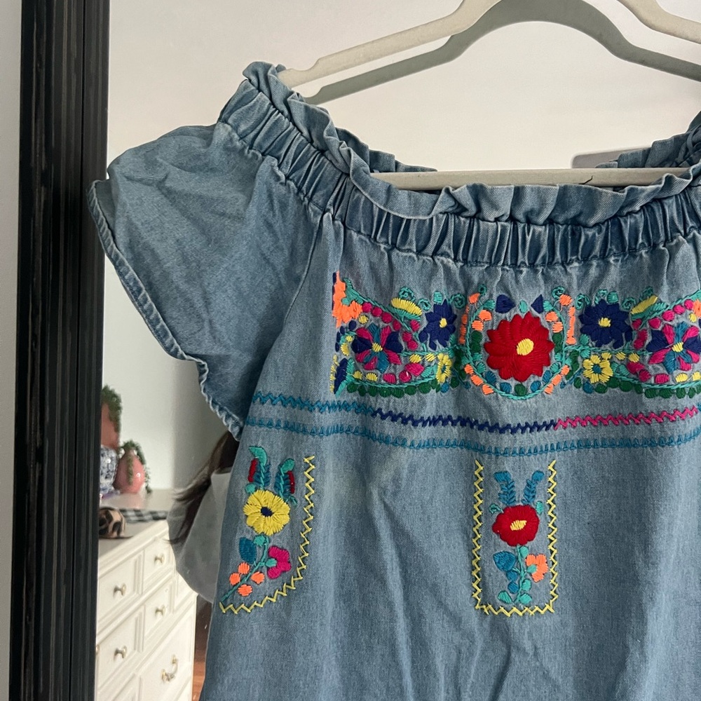 Embroidered Off-Shoulder Denim Dress